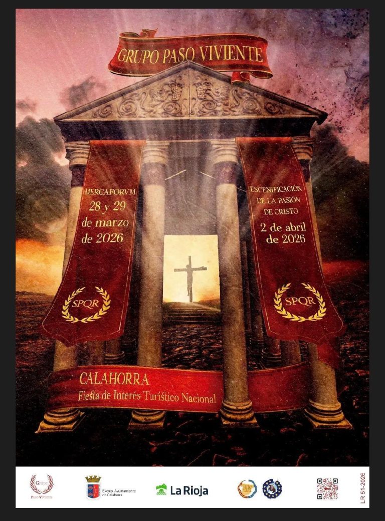Cartel oficial de Mercaforum 2026 en Calahorra con escenografía de templo romano y ambientación histórica del Grupo Paso Viviente