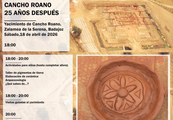 Cartel de la jornada Cancho Roano 25 años después en Zalamea de la Serena con visitas guiadas, talleres y charla arqueológica