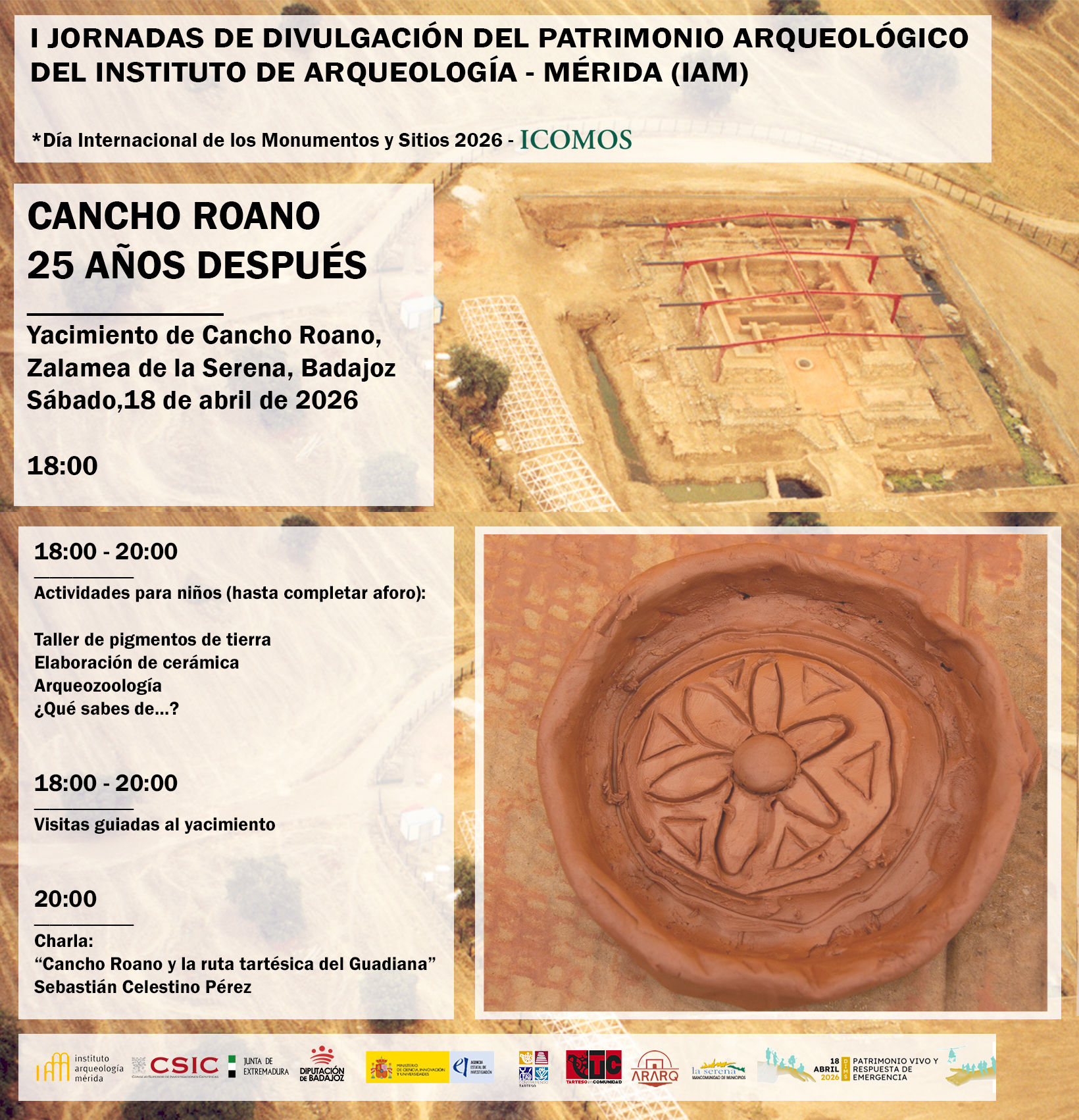 Cartel de la jornada Cancho Roano 25 años después en Zalamea de la Serena con visitas guiadas, talleres y charla arqueológica