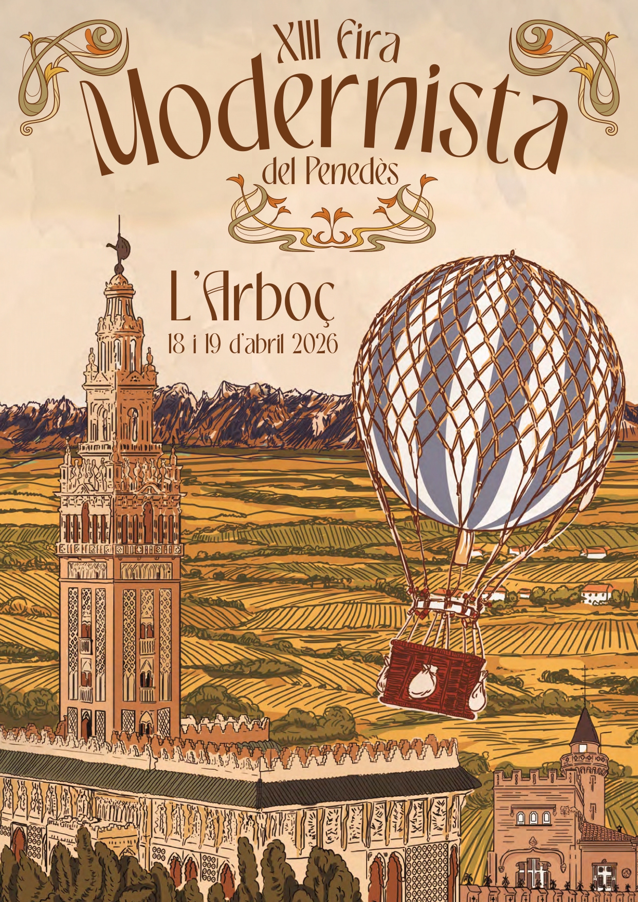 Cartel de la XIII Fira Modernista del Penedès 2026 en L’Arboç con globo aerostático y arquitectura modernista