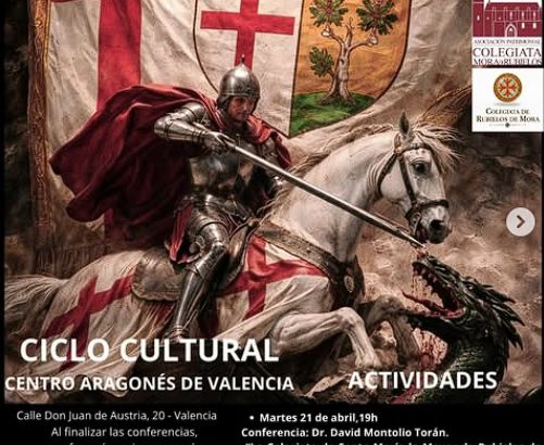 Cartel del Ciclo Cultural del Centro Aragonés de Valencia con caballero medieval y programa de conferencias sobre patrimonio aragonés