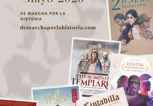 Cartel de recreaciones históricas en mayo 2026 en España con calendario de eventos y actividades culturales