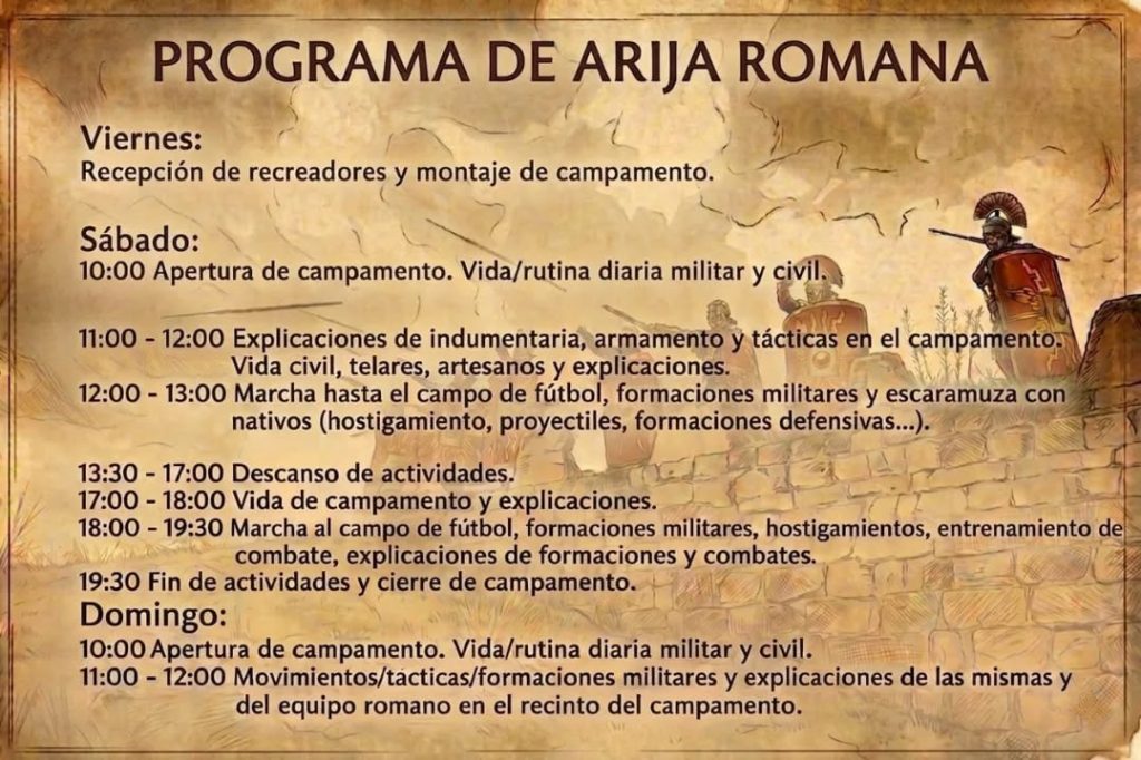 Programa oficial de Arija Romana 2026 con horarios de actividades militares y vida civil romana
