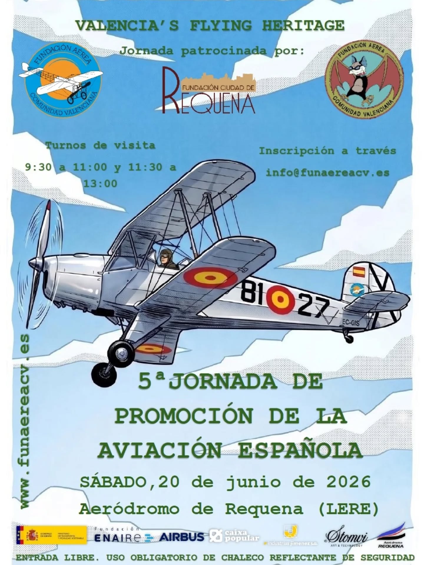 Cartel de la 5ª Jornada de Promoción de la Aviación Española 2026 en el Aeródromo de Requena con avión histórico y horarios de visita.