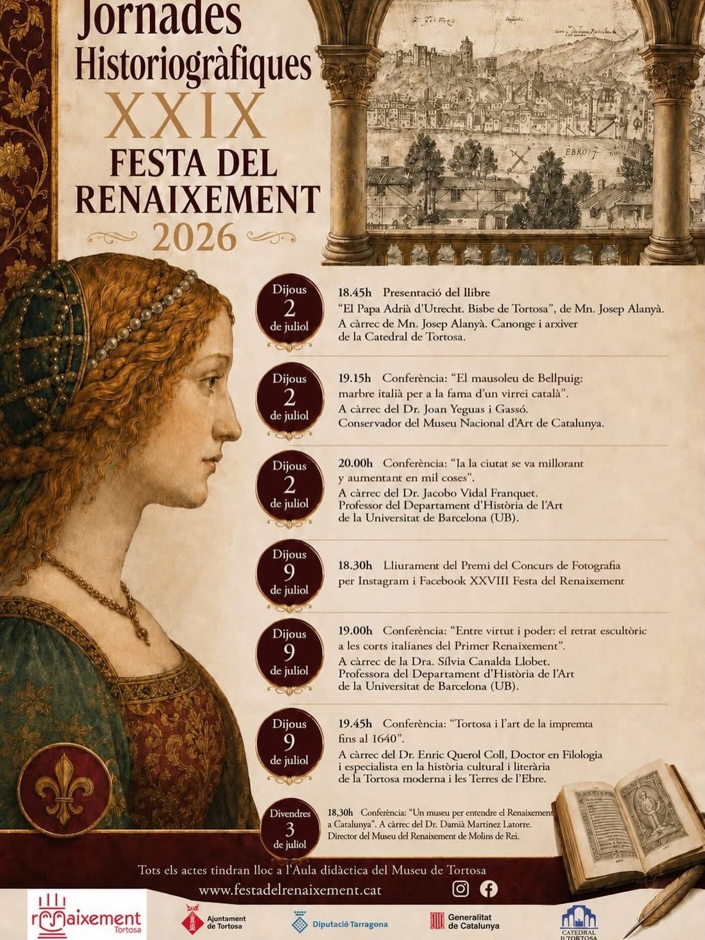 Cartel oficial de las XXIX Jornadas Historiográficas de la Festa del Renaixement 2026 en Tortosa con programa de conferencias sobre arte e historia del Renacimiento.