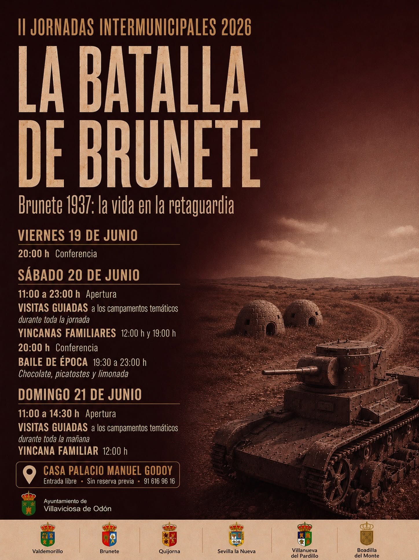 Cartel oficial de las II Jornadas Intermunicipales La Batalla de Brunete 2026 en Villaviciosa de Odón con programa de actividades históricas.