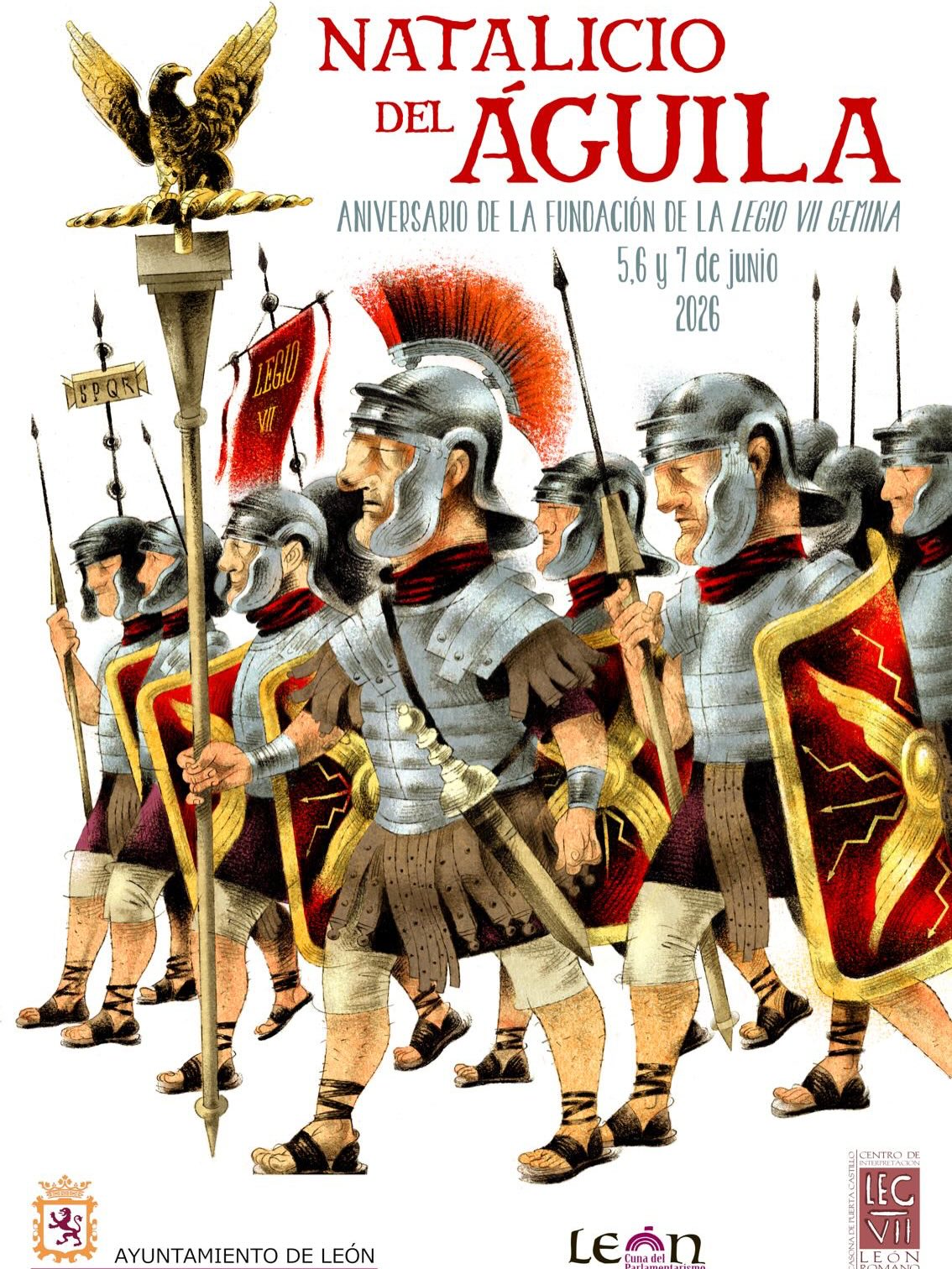 Cartel del Natalicio del Águila 2026 en León con actividades de recreación histórica romana