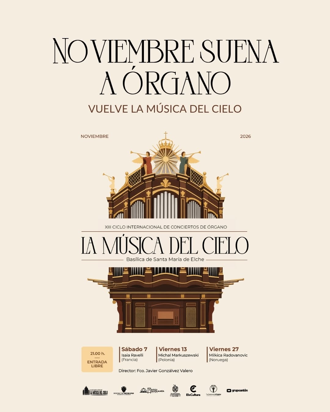 Cartel del XIII Ciclo Internacional de Órgano La Música del Cielo 2026 en la Basílica de Santa María de Elche