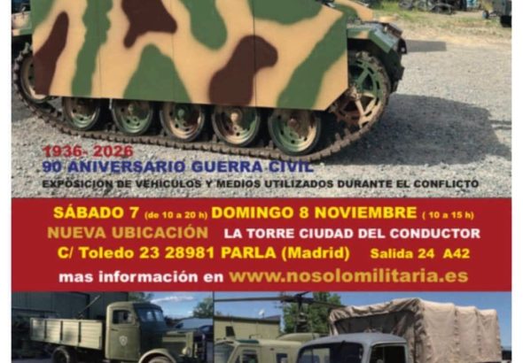 Cartel de No Solo Militaria 2026 en Parla con vehículos militares y exposición del 90 aniversario de la Guerra Civil Española.