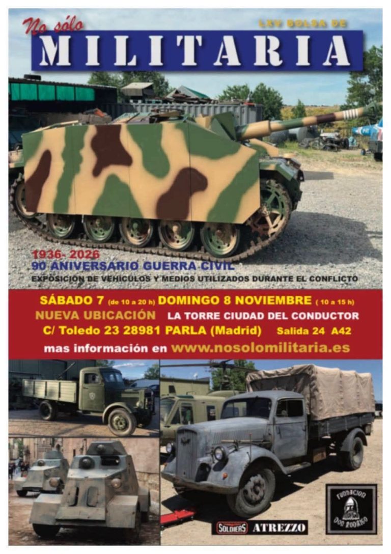 Cartel de No Solo Militaria 2026 en Parla con vehículos militares y exposición del 90 aniversario de la Guerra Civil Española.