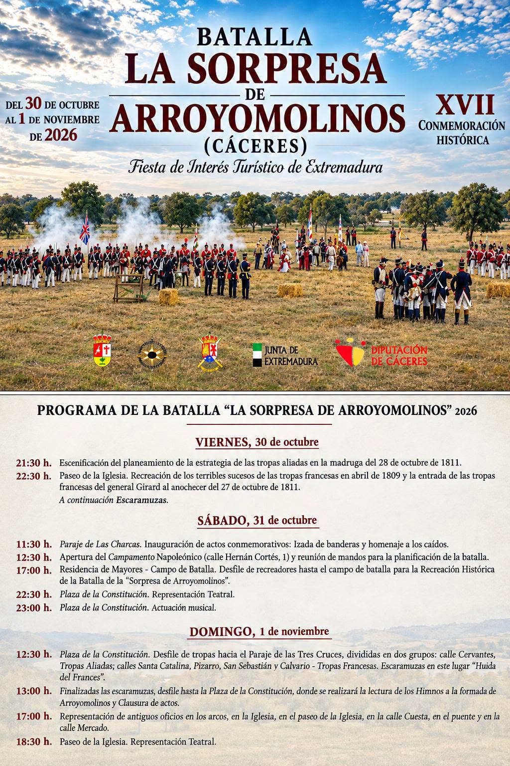 Programa oficial de La Sorpresa de Arroyomolinos 2026, XVII Conmemoración Histórica de la batalla napoleónica en Cáceres.