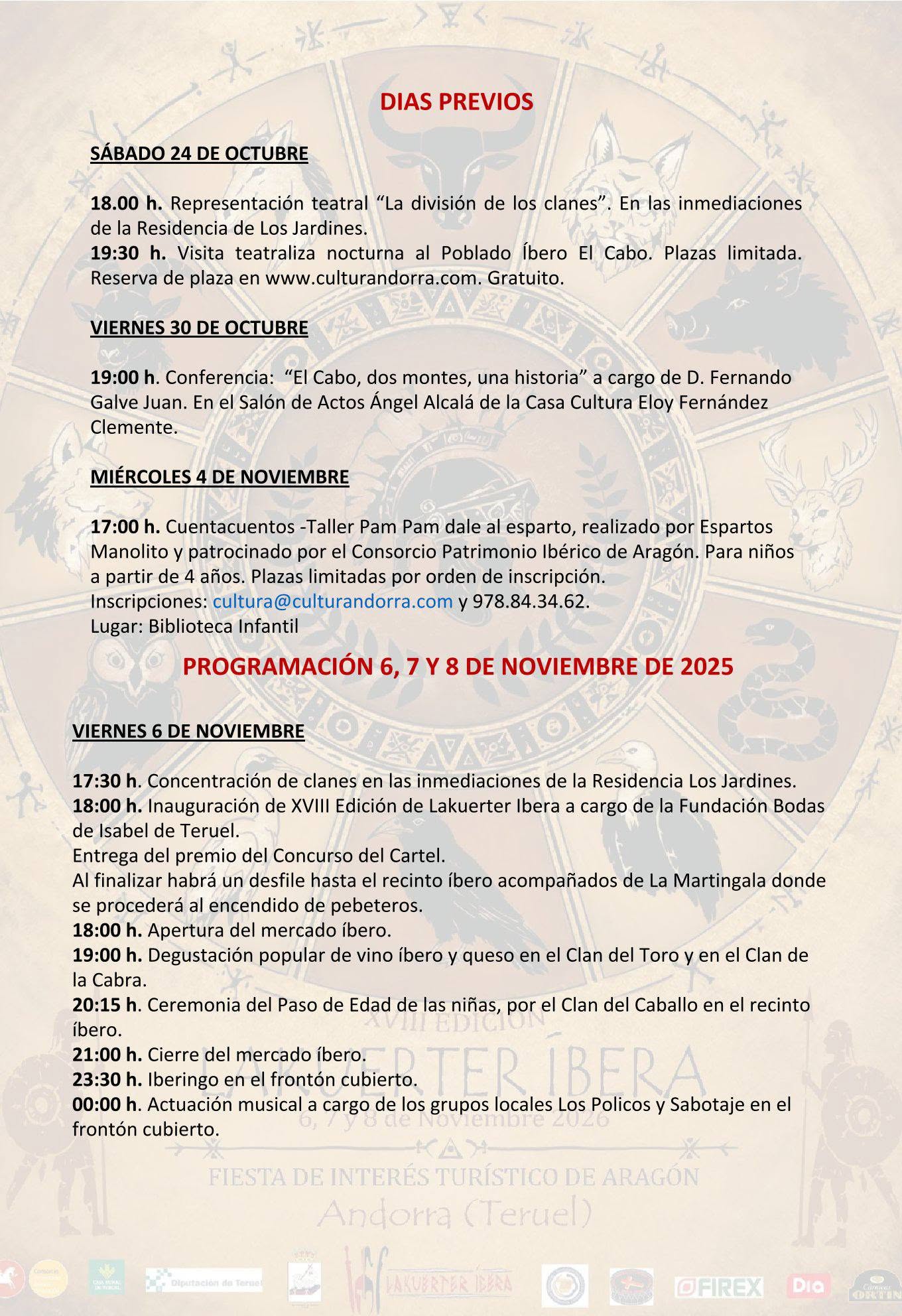 Programa oficial de Lakuerter Íbera 2026, recreación histórica del mundo íbero en Andorra, Teruel, del 6 al 8 de noviembre.