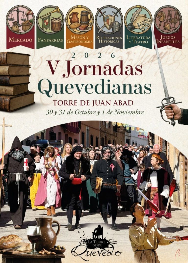 Cartel de las V Jornadas Quevedianas 2026 en Torre de Juan Abad del 30 de octubre al 1 de noviembre